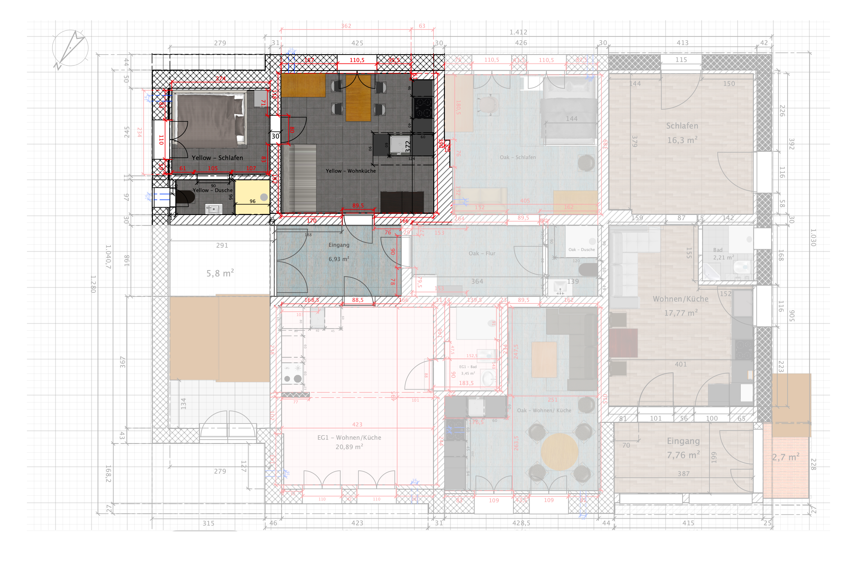 Grundriss der 26 m² großen Yellow Suite mit Schlafbereich, Wohnküche, Duschbad und gemeinsamem Eingang